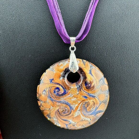 Vintage Murano Blue Glass Swirl Pendant 18K Gold Foil with 18 KGP Boho Retro - Picture 6 of 7